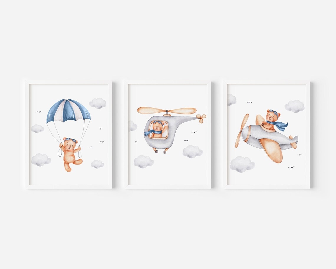 Poster - Teddybär auf Gleitschirmfliegen und Flugzeugen / 3er-Set