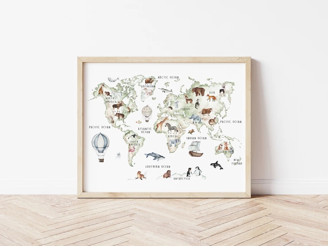 Poster - Weltkarte mit Tieren