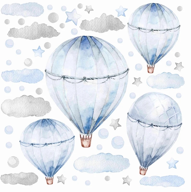 Wandtattoo - Blauer Pastellluftballon mit Wolken und Sternen
