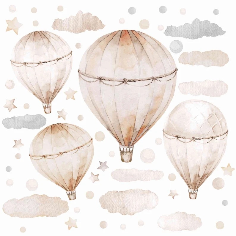 Wandtattoo - Biege Pastellluftballon mit Wolken und Sternen