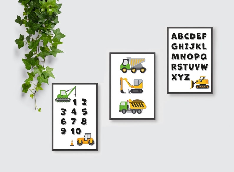 Poster - Trucks mit Zahlen und Alphabet / 3er-Set