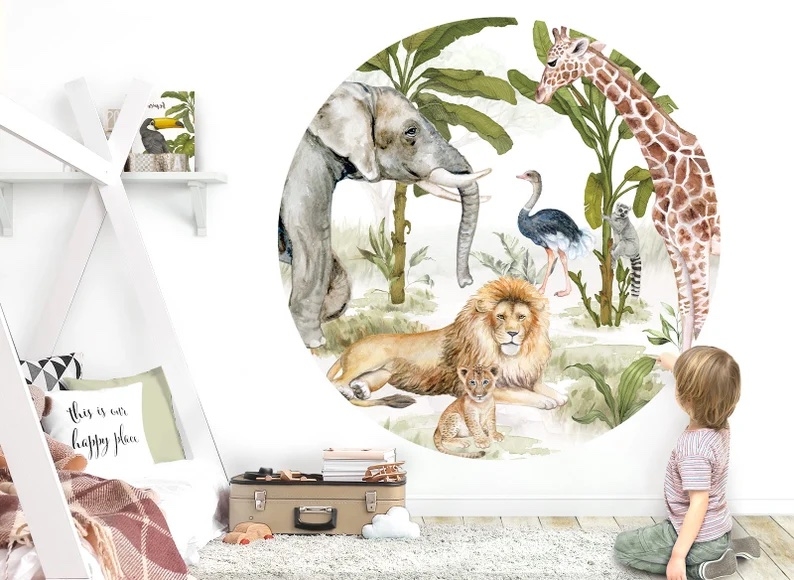 Wandtattoo - Giraffe, Löwe, Elefant / Kreis