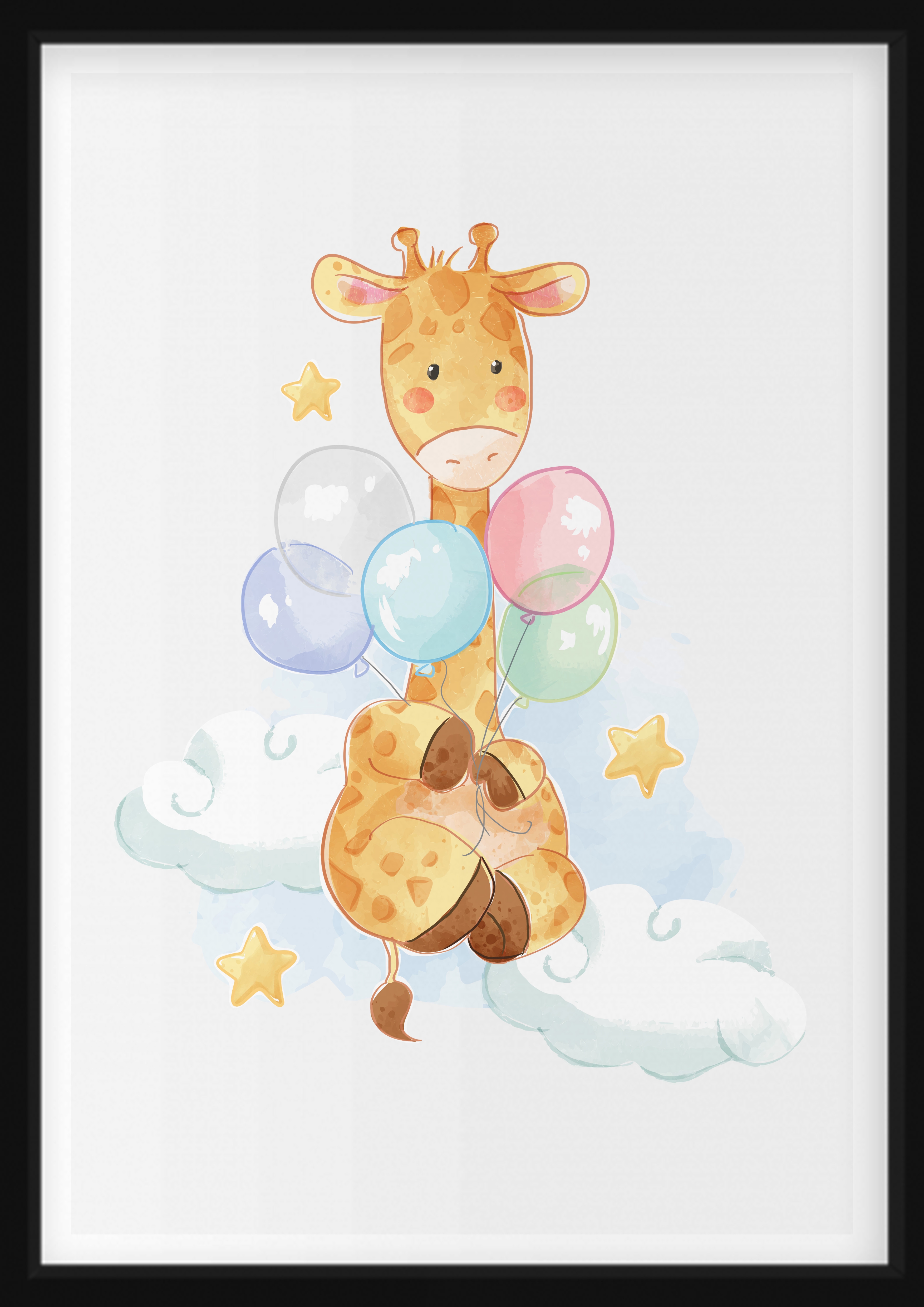 Poster - Giraffe mit Luftballons in den Wolken