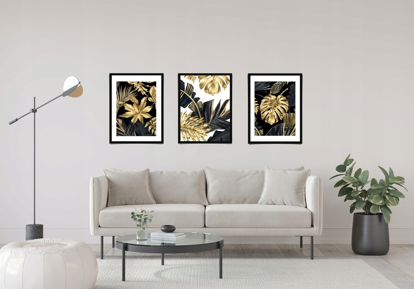 Poster - Monstera-Blatt / Weiß und Gold / 3er-Set
