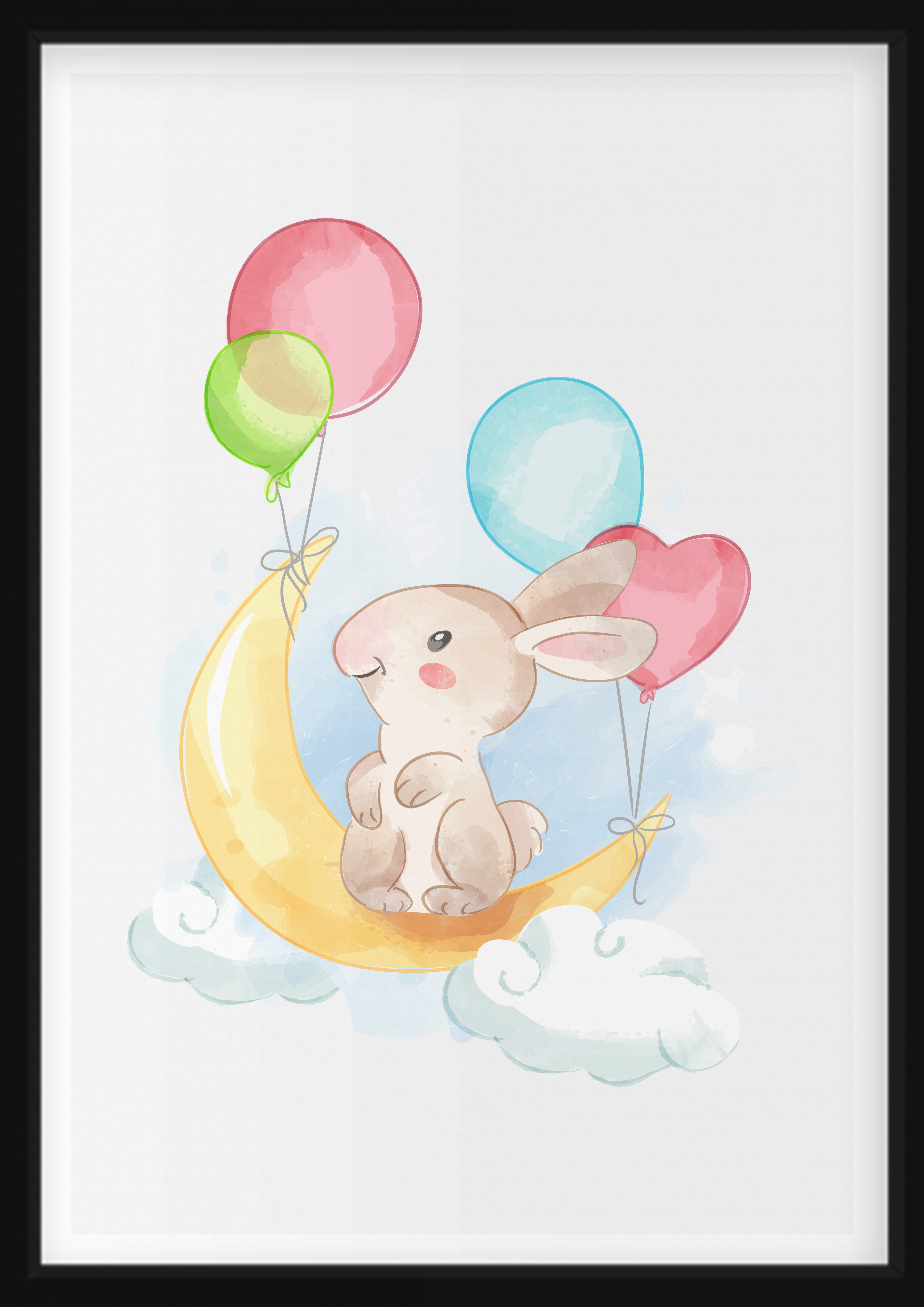 Poster - Hase im Mond mit Luftballons