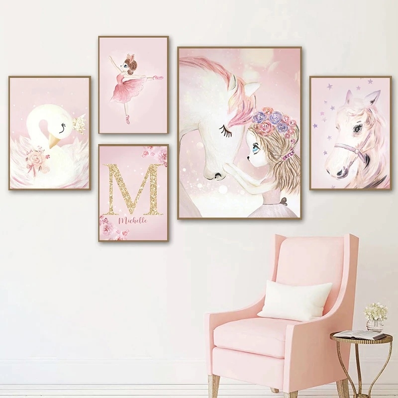 Poster - Kawaii / Schwan und Einhorn / Rosa / Personalisiert / 5er-Set