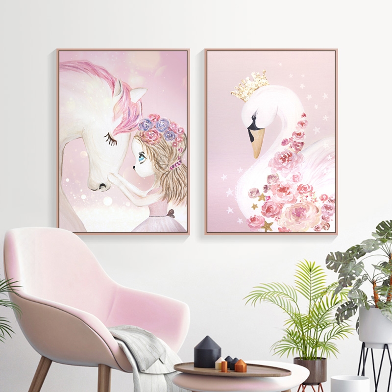 Poster - Mädchen mit Einhorn und Schwan / 2er-Set