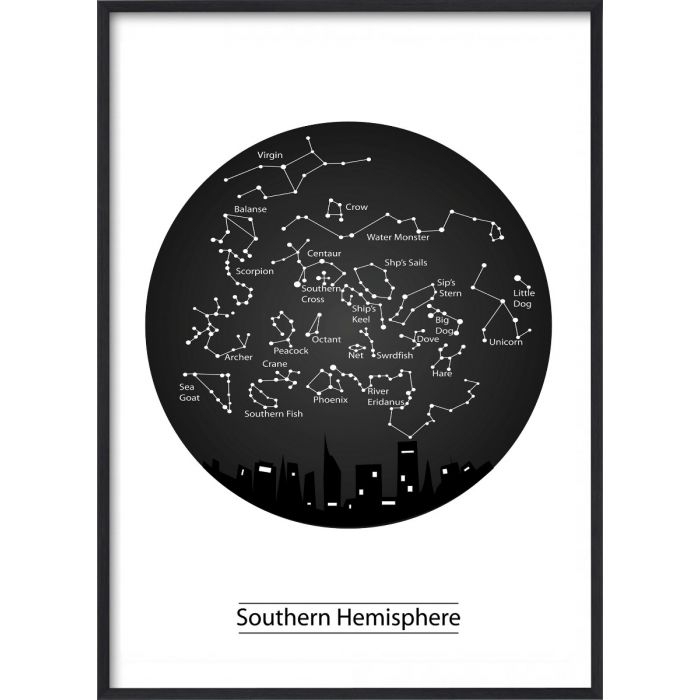 Poster - B&W Stars Southern Hemisphere / Flach verpackt
