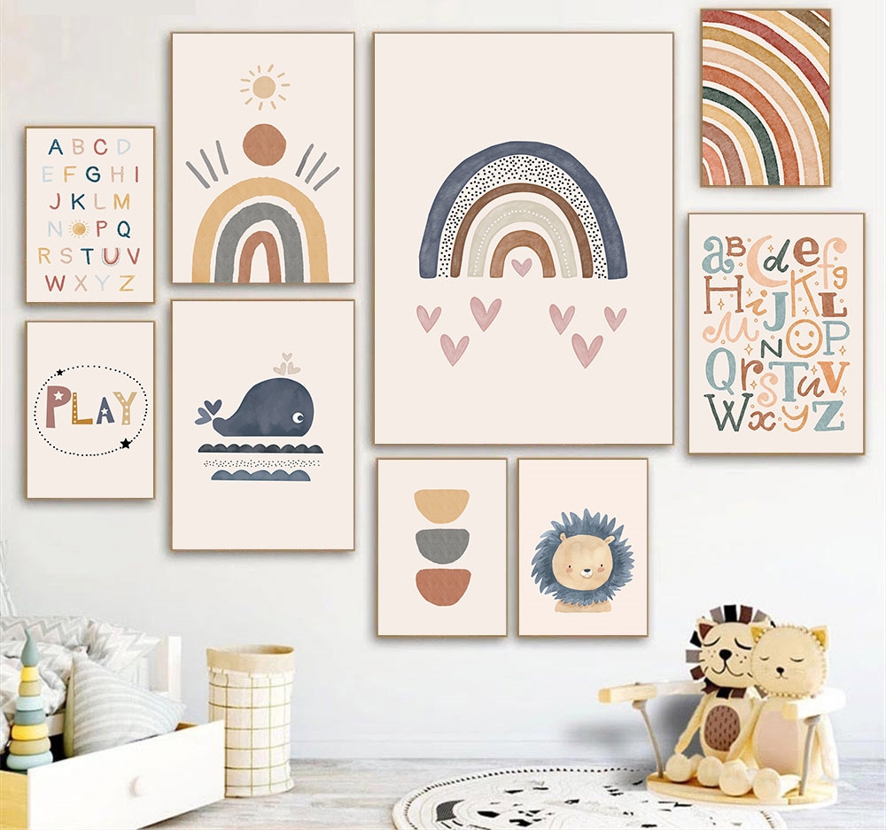 Poster - Boho / Alphabete, Tiere und Regenbogen / 9er-Set